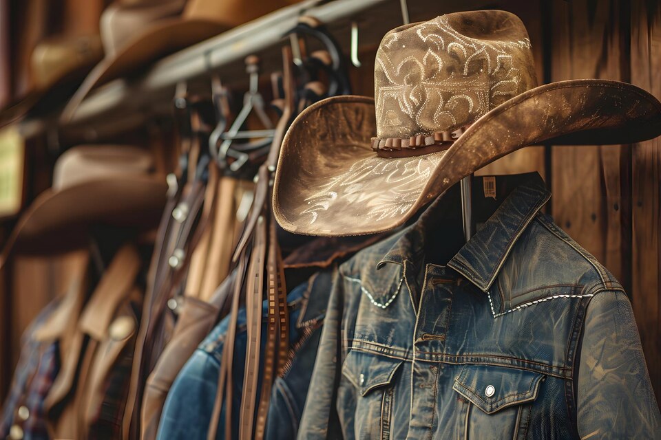 A stylish outfit featuring classic western clothing pieces like cowboy boots, a fringed jacket, and a leather belt with a unique buckle.