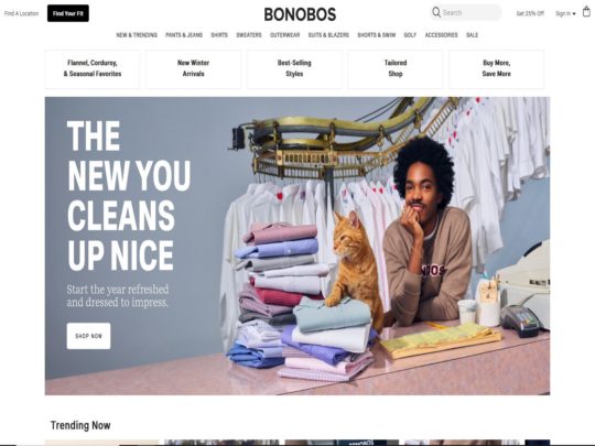 Bonobos offers stylish men's clothing, including chinos, shirts, and suits, designed for a perfect fit and modern look.